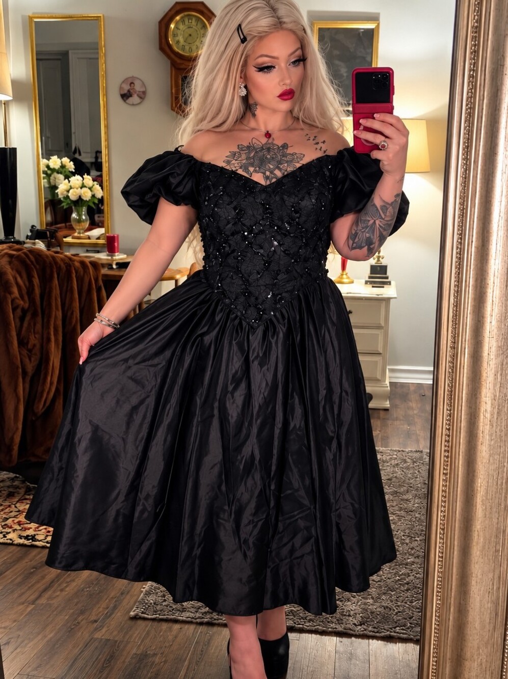 Vintage Black Gothic Victorian Style Ball Gown Dress Puff Sleeves Lace Sequin L